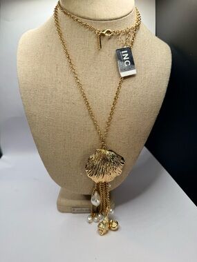 INC International Concepts Gold Shell Pendant Layered Tassel Necklace